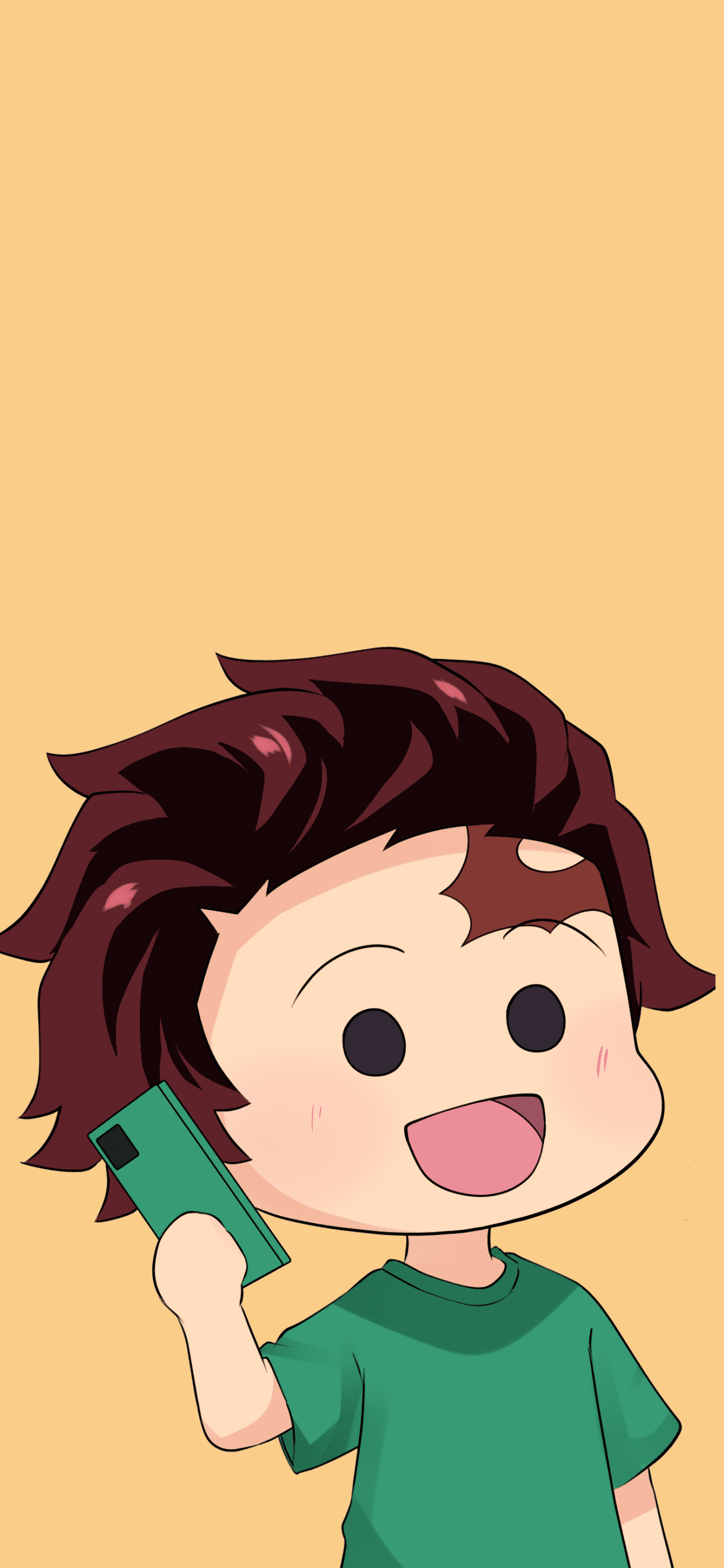 This digital illustration features a chibi-style depiction of Tanjiro Kamado from Demon Slayer, characterized by his signature dark reddish-brown spiky hair and distinct forehead scar. He is wearing a simple, modern green t-shirt and is shown holding a green smartphone near his face with a joyful, open-mouthed expression. The character is positioned in the lower half of the frame, creating a minimalist vertical composition suitable for mobile wallpapers. The art style utilizes clean, bold line work and flat cel-shading with subtle highlights on the hair. The background is a solid, warm peach-yellow color that enhances the cheerful and lighthearted mood of the piece. Overall, the image conveys a sense of modern whimsy by placing a historical fantasy character in a contemporary context.