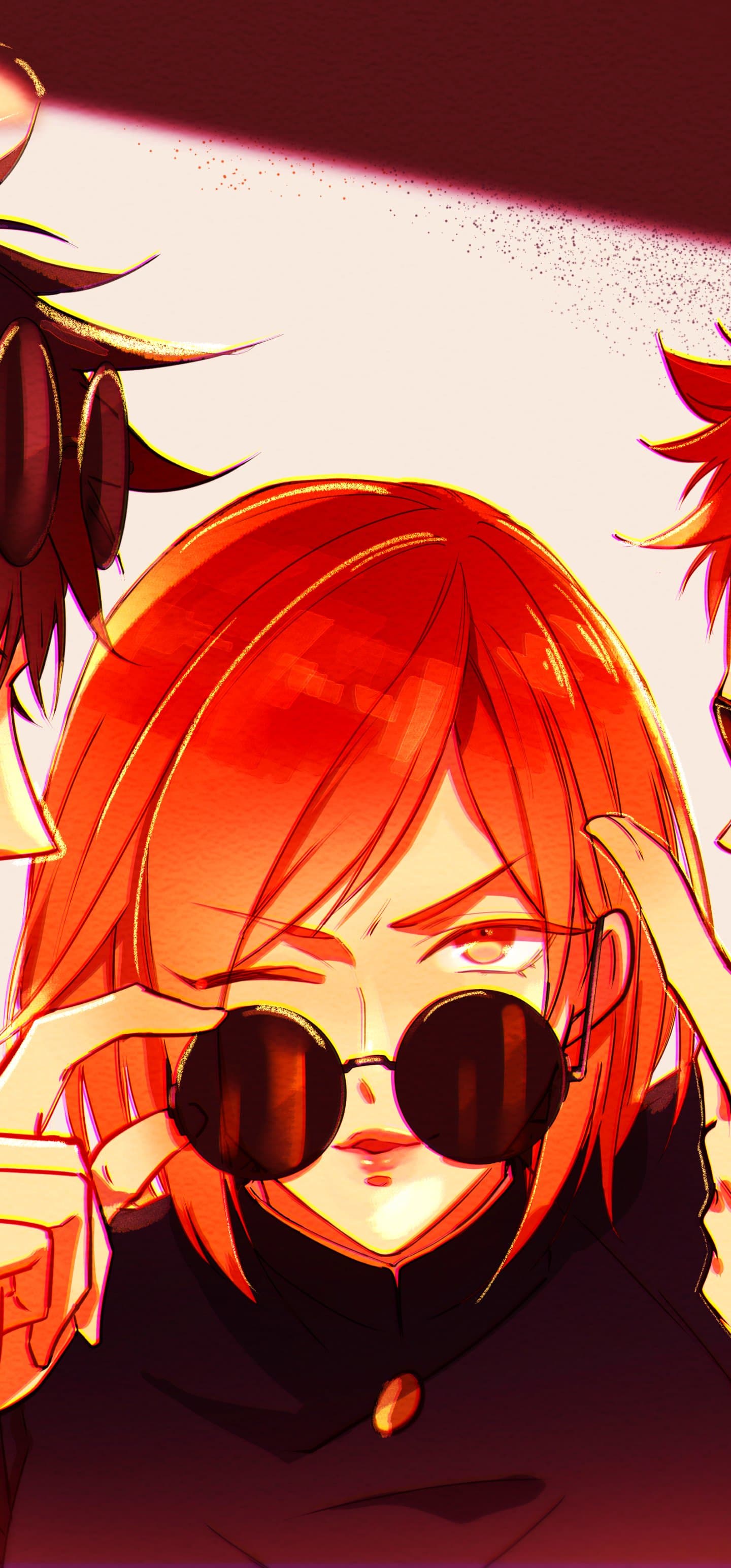 The image features a central female character with vibrant, short orange-red hair and sharp, expressive eyes. She is wearing a high-collared dark navy or black uniform, which appears to be a school or organization attire, fully covering her torso and neck. The character is depicted in a confident pose, lowering a pair of round, dark sunglasses to peer over the frames with one eye slightly squinted. The background is a minimalist, warm off-white, with the edges of two other characters visible on the sides, suggesting a group dynamic. The artistic style utilizes bold, warm-toned lighting and textured digital brushes that give the hair a painterly, luminous quality. The overall mood is cool, confident, and stylish, emphasizing character personality through a close-up portrait composition.