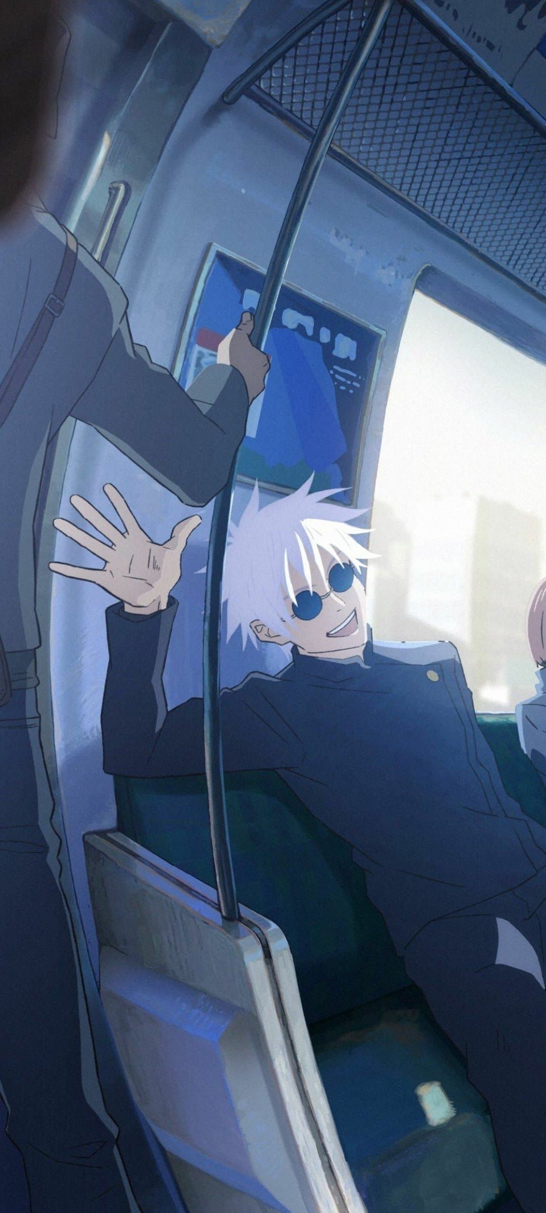 The image features Satoru Gojo from Jujutsu Kaisen, depicted with his signature spiky white hair and small, round dark sunglasses. He is wearing a high-collared, dark navy blue jujutsu high school uniform that provides full coverage. Gojo is shown in a relaxed, leaning pose on a train seat, smiling brightly with one hand raised in a casual greeting or wave. The setting is the interior of a Japanese commuter train, detailed with green velvet seating, metal handrails, and a window showing bright daylight. The artistic style utilizes clean line work and soft, cinematic lighting that creates a nostalgic and peaceful atmosphere. The overall mood is cheerful and mundane, capturing a quiet moment of everyday life for the character.