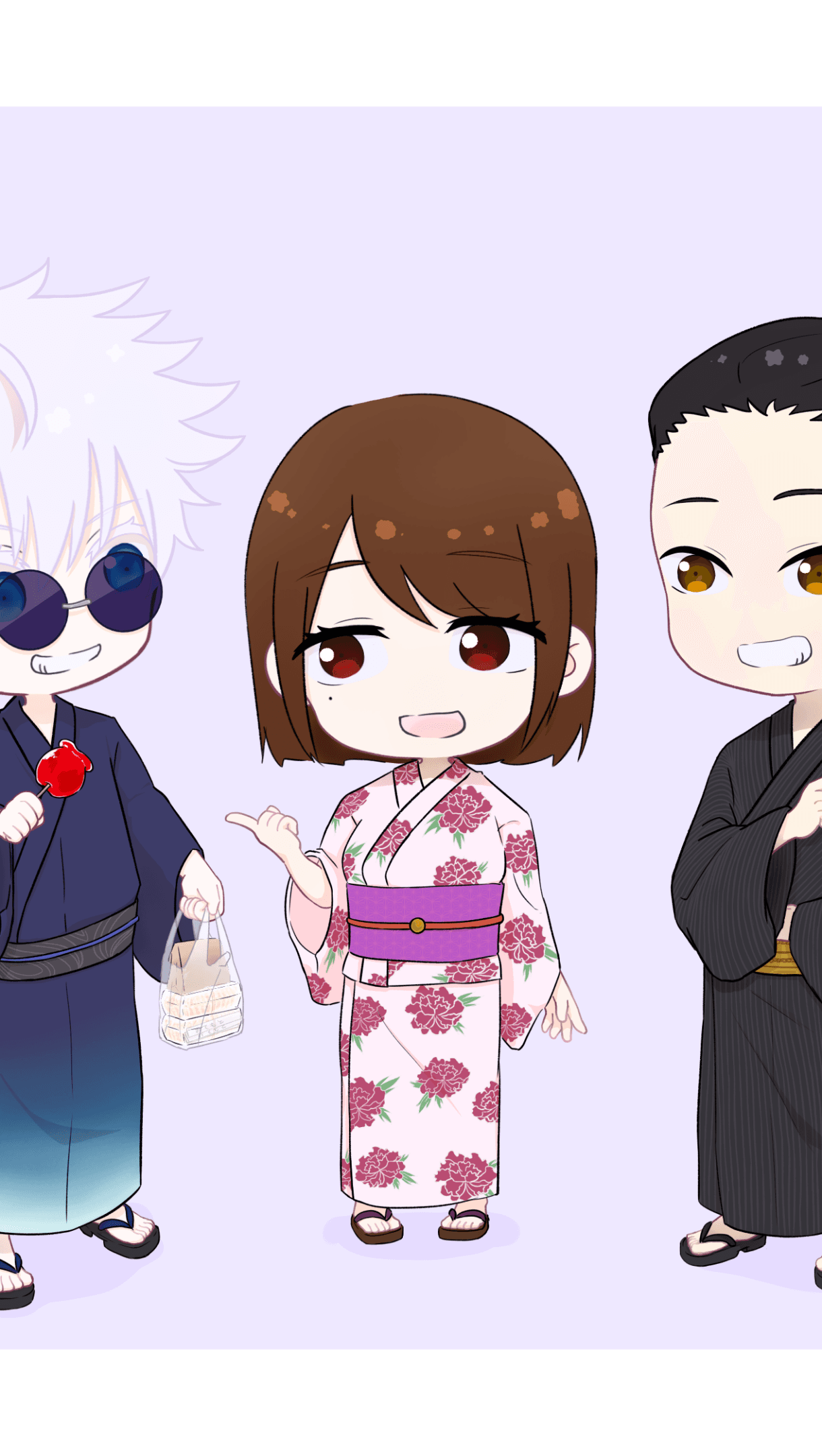 This digital illustration features three characters from Jujutsu Kaisen—Satoru Gojo, Shoko Ieiri, and Suguru Geto—rendered in a charming chibi art style. They are dressed in traditional Japanese summer festival attire, with the central female character wearing a white yukata adorned with pink floral patterns and a purple obi. The character on the left holds a red candy apple and a bag of festival snacks, while the character on the right stands in a relaxed pose wearing a dark pinstriped yukata. The artwork utilizes clean, sharp line work and soft cel-shading to create a lighthearted and friendly aesthetic. The background is a minimalist, solid light lavender, which keeps the focus entirely on the expressive and joyful characters. The overall mood is nostalgic and peaceful, depicting a moment of camaraderie and leisure.