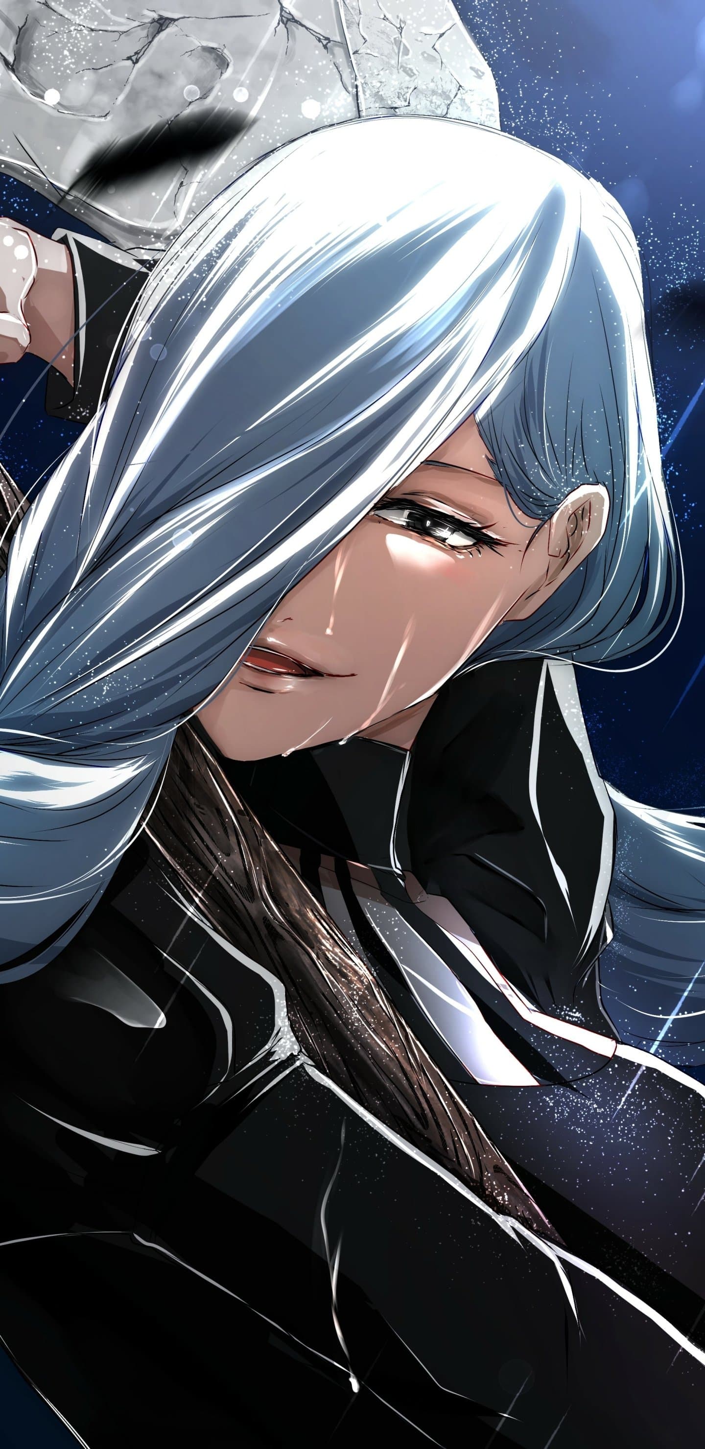 The image features a close-up portrait of Mei Mei from Jujutsu Kaisen, characterized by her long, light blue hair styled in a thick braid that drapes over her shoulder. She is wearing a high-collared, dark navy or black professional suit that provides full coverage, accented by a white tie. Her expression is one of calm confidence with a slight, knowing smirk, and her eyes are partially obscured by her sweeping bangs. The background is a deep, dark blue with subtle light particles and streaks, suggesting a night-time or supernatural environment. The artistic technique utilizes sharp digital lines and high-contrast cel shading, with significant attention paid to the glossy texture of her hair and the reflective sheen on her clothing. The overall atmosphere is sophisticated, mysterious, and slightly intimidating, reflecting a professional yet powerful persona.