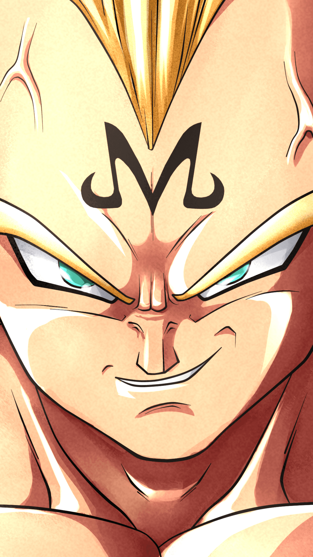 This extreme close-up portrait features the character Majin Vegeta from the Dragon Ball Z series, characterized by the prominent black 'M' symbol on his forehead. He is depicted with spiky, golden hair indicative of the Super Saiyan transformation, and piercing teal eyes framed by sharp, aggressive brow lines. The character wears a confident, menacing smirk that conveys a sense of arrogance and power. The artwork utilizes clean, bold line work and professional cel-shading with subtle gradients to define the muscular structure of the face and neck. The lighting is bright and direct, creating high-contrast highlights that emphasize the intensity of the character's expression. The overall atmosphere is tense and formidable, capturing a pivotal moment of transformation and rivalry.