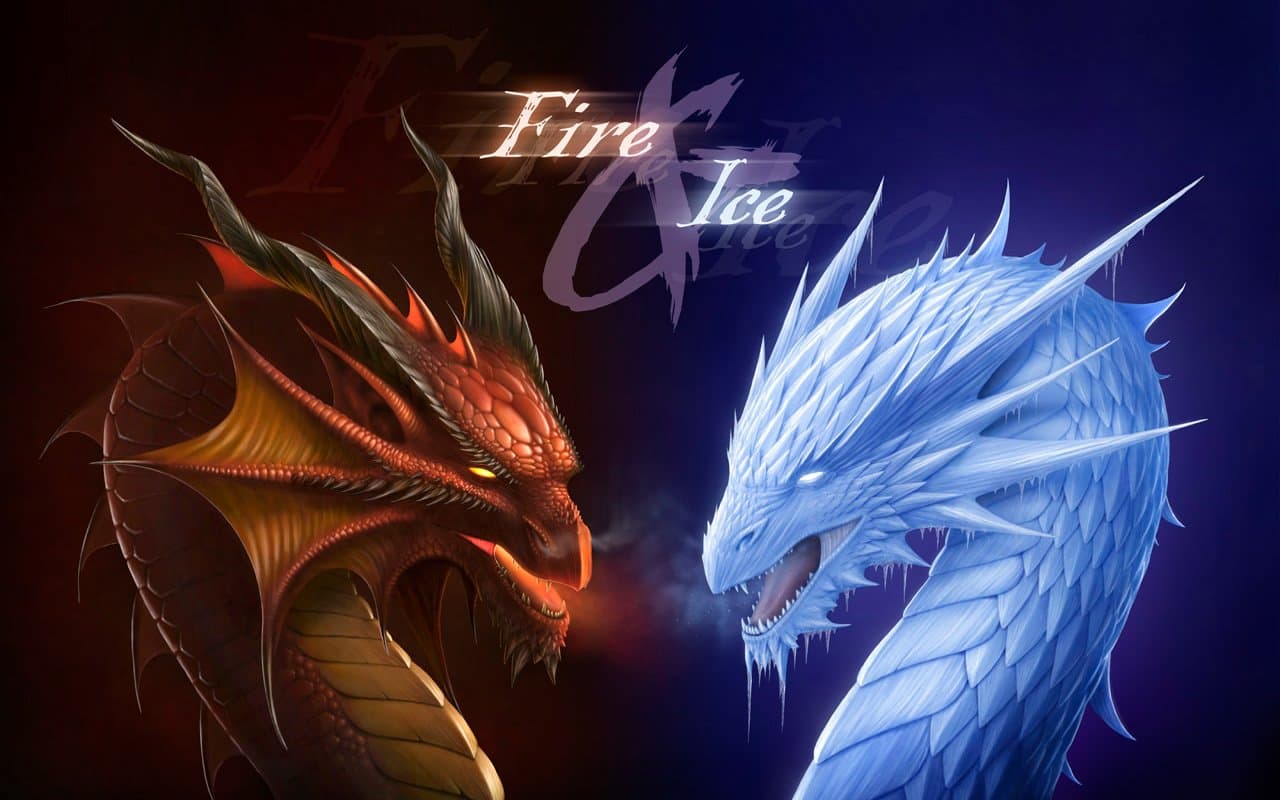 The image features two stylized dragons in a dramatic face-off, symbolizing elemental opposition. On the left, a fiery red dragon with textured scales, sharp horns, and glowing yellow eyes exudes heat and aggression. On the right, an icy blue dragon with crystalline scales, pointed spines, and glowing white eyes radiates cold and power. Both dragons are depicted in dynamic, roaring poses with open mouths, facing each other against a dark, gradient background. The artwork uses vibrant color contrast and detailed shading to emphasize their opposing natures, with the words 'Fire' and 'Ice' elegantly integrated into the composition. The overall tone is epic and mythological, evoking a sense of ancient conflict and elemental balance.