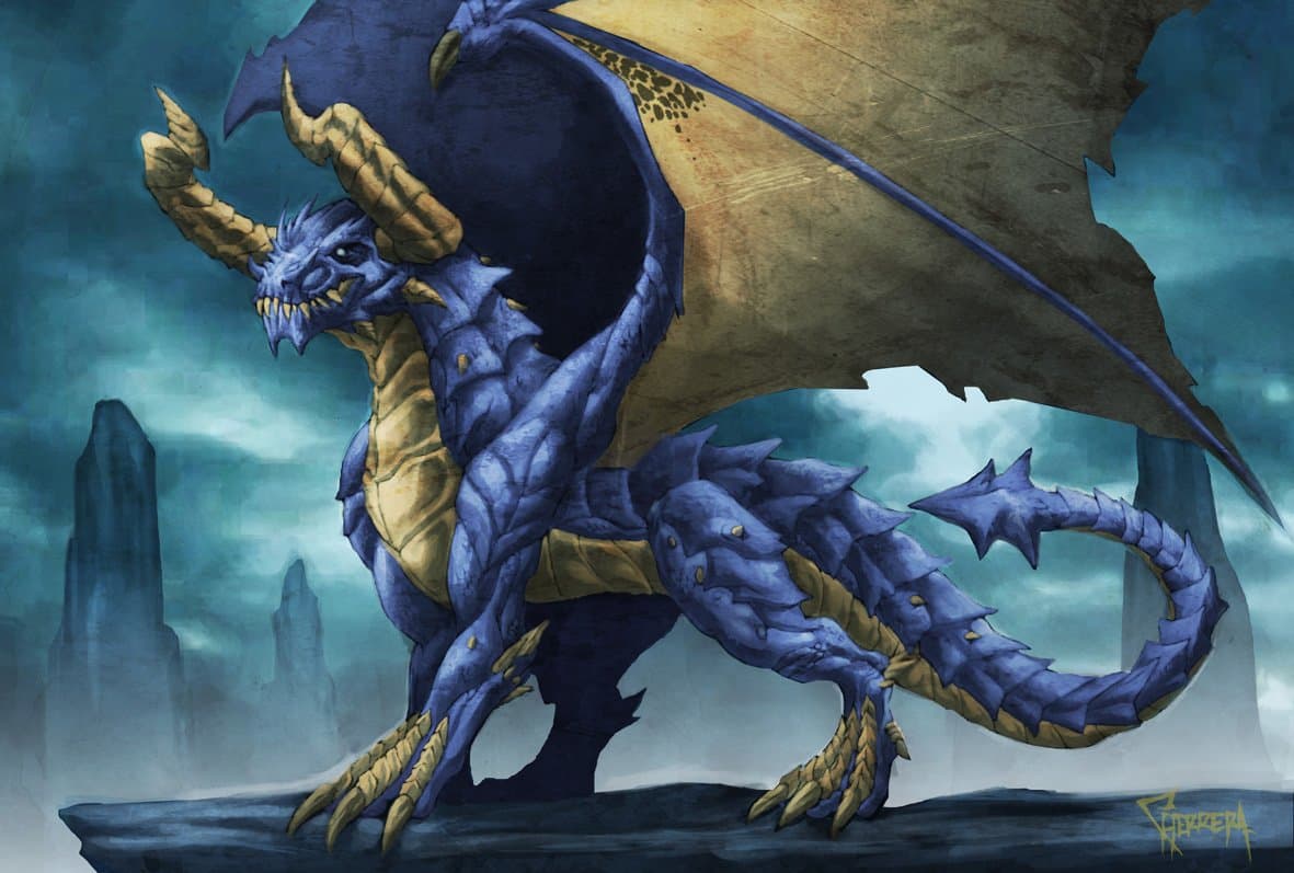 A majestic, muscular dragon with deep blue scales and golden accents dominates the composition, standing atop a rocky outcrop. Its wings are vast and tattered, with a weathered, parchment-like texture, while its spiked tail coils around its body. The dragon's fierce expression, sharp teeth, and prominent horns convey a sense of ancient power and readiness for battle. The background features towering, mist-shrouded spires under a moody, stormy sky, enhancing the epic, mythic atmosphere. The artwork employs detailed cel shading and dramatic lighting to emphasize the dragon's formidable physique and the turbulent environment, creating a visually arresting and emotionally intense scene.