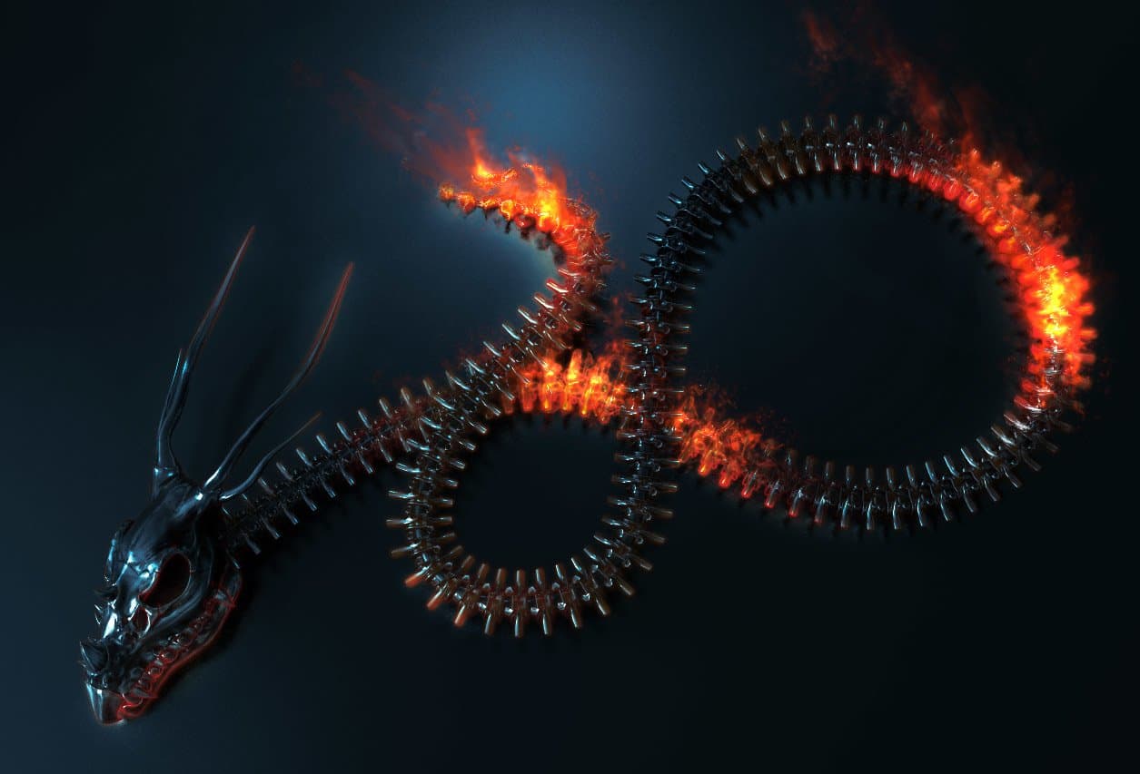 The image features a stylized, skeletal dragon composed of metallic segments and engulfed in fiery orange and red flames, forming an infinity symbol. Its head is detailed with sharp, angular features, glowing red eyes, and elongated horns, conveying a menacing yet majestic presence. The dragon's body curves gracefully against a dark, gradient background, emphasizing its form through dramatic lighting and high-contrast shading. The artwork employs a 3D CGI rendering style with polished surfaces and volumetric fire effects, creating a sense of power and eternal motion. The overall atmosphere is epic and mysterious, evoking themes of destruction, infinity, and ancient power through its symmetrical composition and intense color contrast.